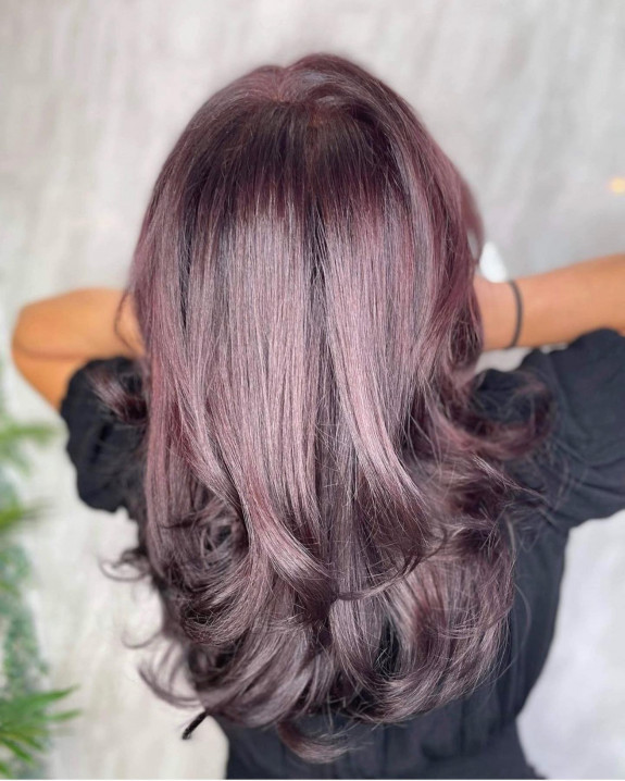 35 Plum Black Hair Color Ideas — Glossy Plum Layered Haircut