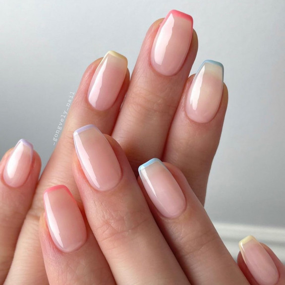 54 Cute French Tip Nail Ideas — Pastel Skittle Thin French Tip Nails