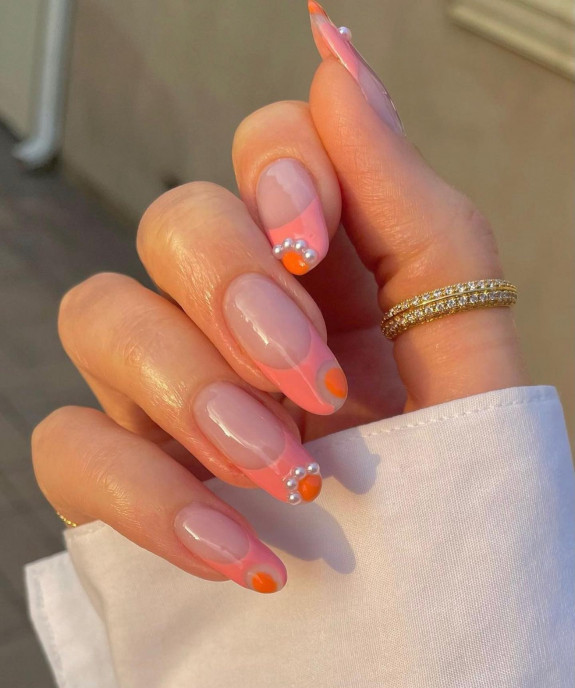 54 Cute French Tip Nail Ideas — Abstract Orange and Pink French + Pearls