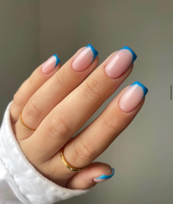 54 Cute French Tip Nail Ideas — Blue French Tapered Square Short Nails