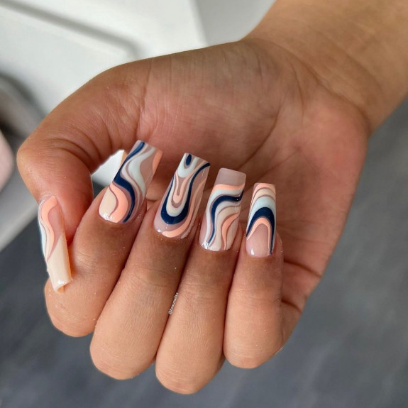 25 Nail art ete 2022 — Blue and Peach Swirl Tapered Square Nails