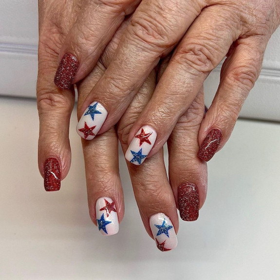 35 Memorial Day Nail Art Designs — Shimmery Red + Blue and Red Star White Nails