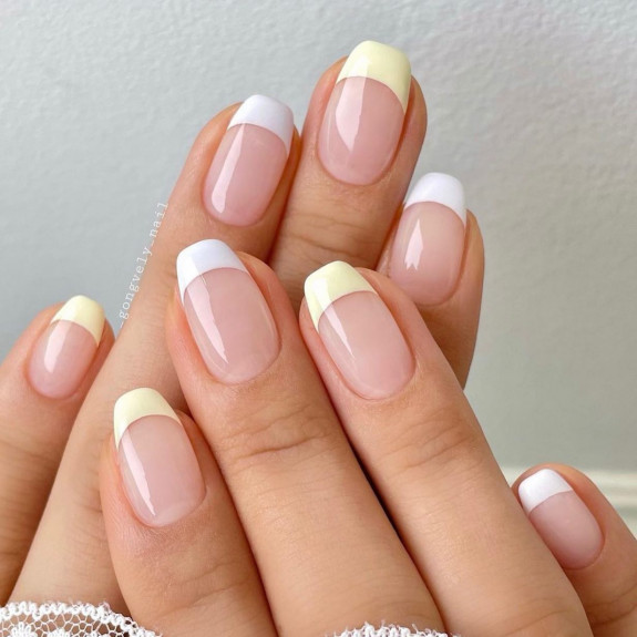 54 Cute French Tip Nail Ideas — Soft Yellow + White French Gel Nails