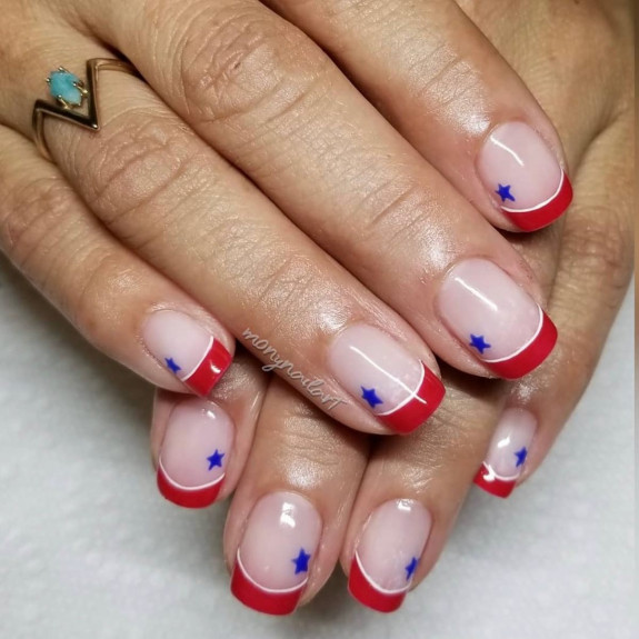 35 Memorial Day Nail Art Designs — Red French Tip Short Nails with Blue Stars