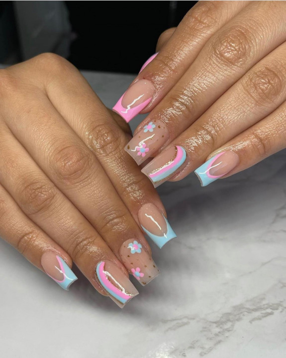 36 Gender Reveal Nail Ideas — Blue And Pink Swirl Flower Nails