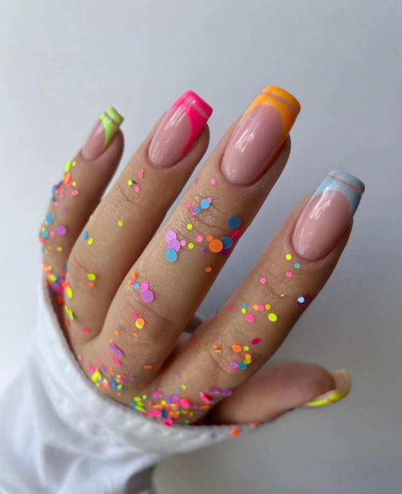 54 Cute French Tip Nail Ideas — Skittle Double French Tapered Nails