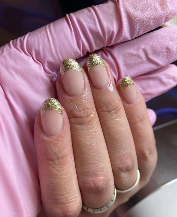 54 Cute French Tip Nail Ideas — Gold Glitter French Tip Nails