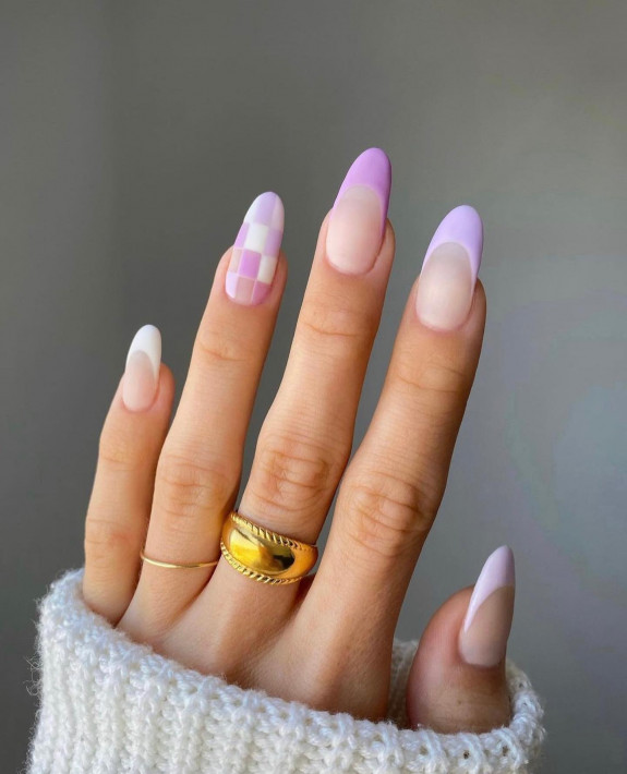 54 Cute French Tip Nail Ideas — Soft Lilac Checkered Board + French Tip Nails