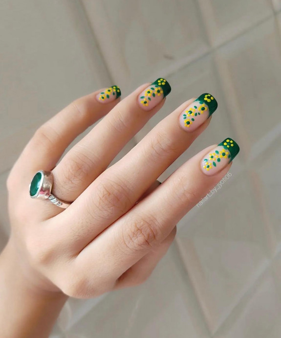 54 Cute French Tip Nail Ideas — Green French Tips with Yellow Flower Accents