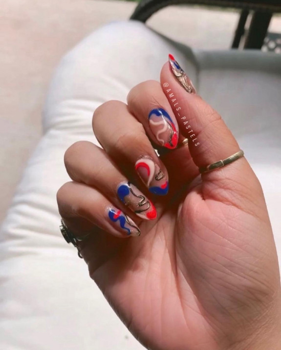 35 Memorial Day Nail Art Designs — Blue and Red Abstract Nail Art