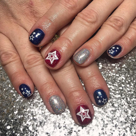 35 Memorial Day Nail Art Designs — White Star Shimmery Blue, Red and Silver Nails