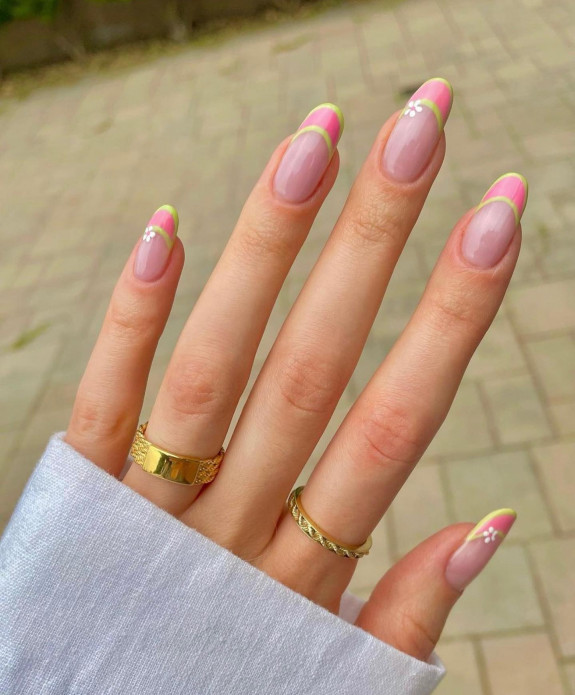 54 Cute French Tip Nail Ideas — Pink and Neon Yellow Double French Tips