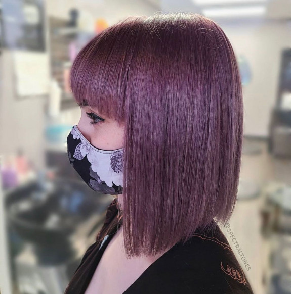 35 Plum Black Hair Color Ideas — Muted Plum Bob Haircut with Fringe