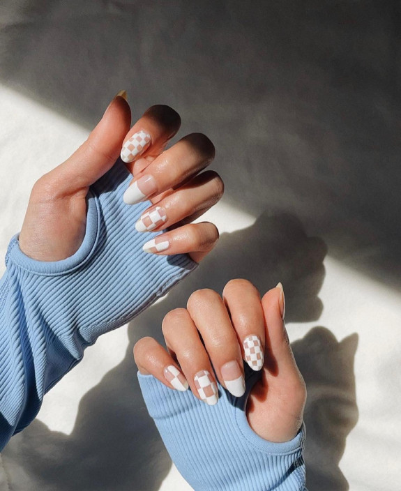 31 White Nails With Design — White Checker Board + Color Block Nails