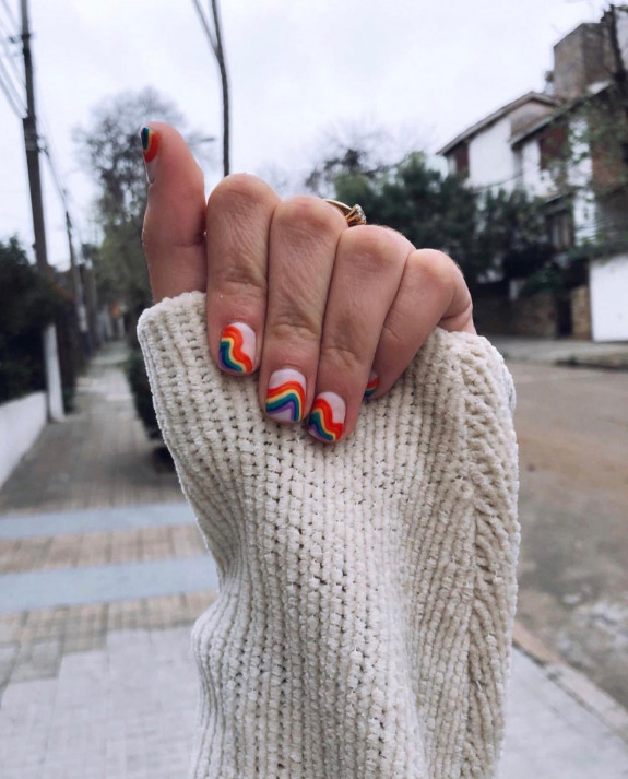 38 Pride Nail Ideas — Abstract Rainbow Short Nails