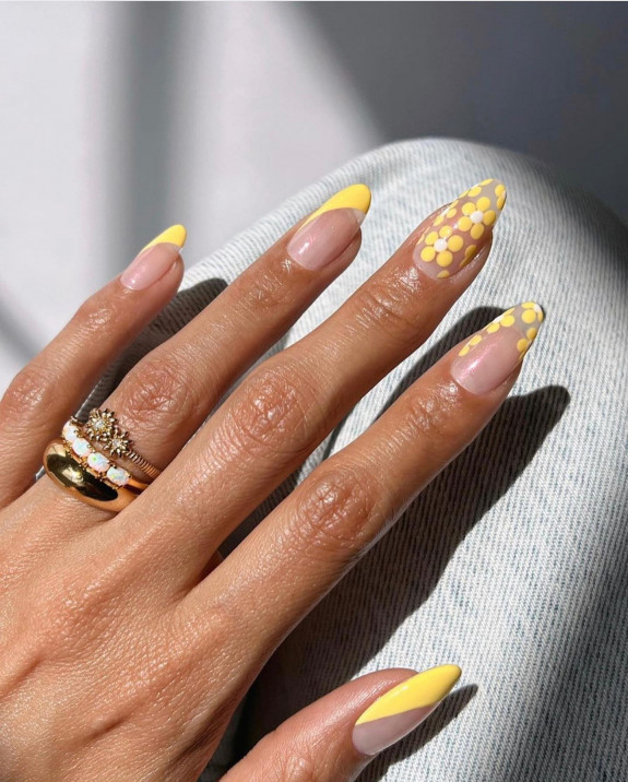 54 Cute French Tip Nail Ideas — Yellow Side French + Flower Sheer Nails