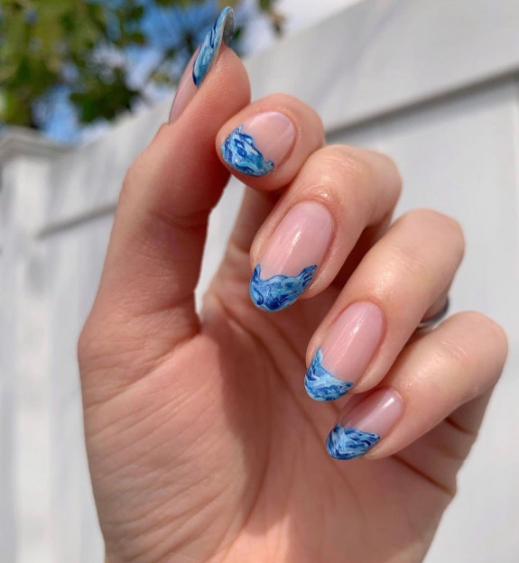 54 Cute French Tip Nail Ideas — Marble Blue Abstract French Tip Nails