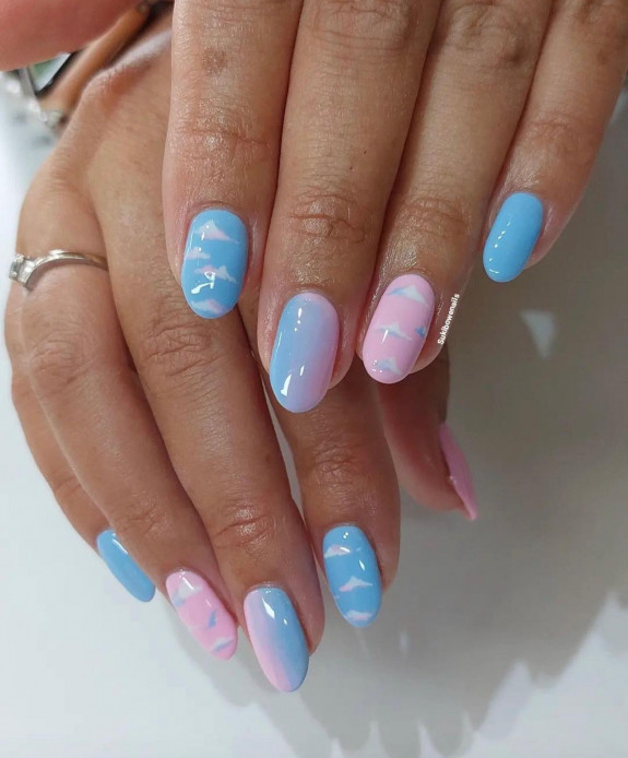 36 Gender Reveal Nail Ideas — Fluffy Cloud Ombre Blue and Pink Nails