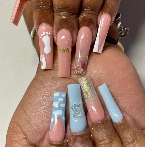 36 Gender Reveal Nail Ideas — Acrylic Nude + Blue Nails