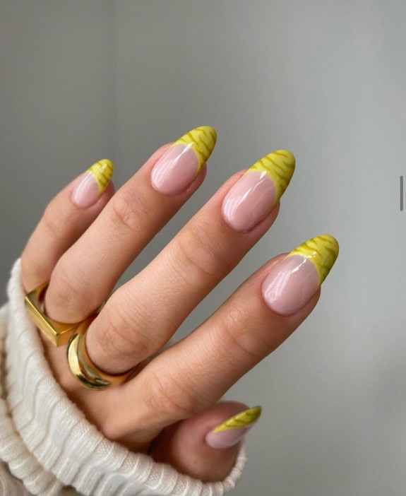 54 Cute French Tip Nail Ideas — Yellow Zebra French Tip Nails