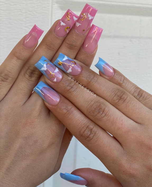 36 Gender Reveal Nail Ideas — Dreamy Cloud Blue and Pin French Tip Nails