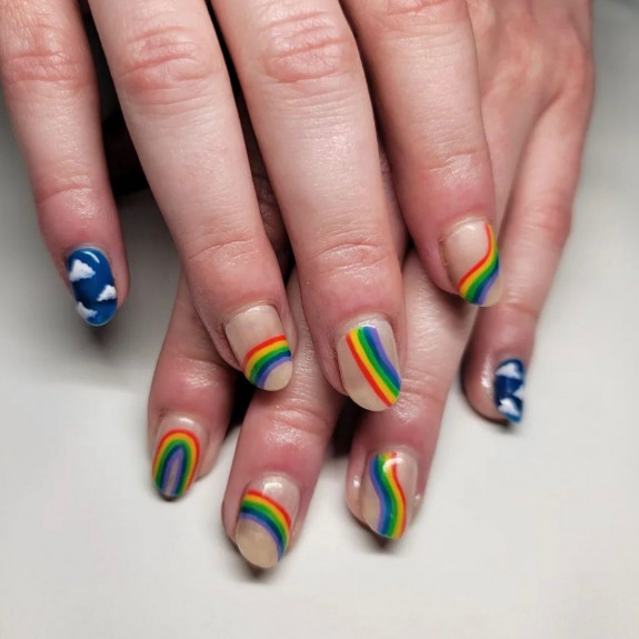 38 Pride Nail Ideas — Cloud Blue Nails + Rainbow Nails