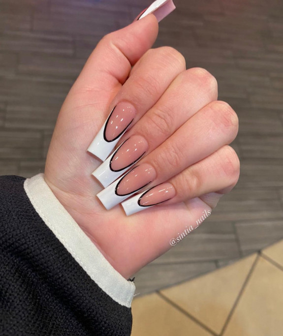 31 White Nails With Design — Black and White Double French Tip Nails