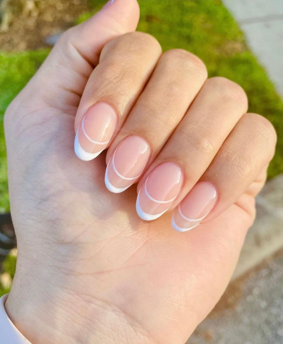 31 White Nails With Design — White Double French Round Nails