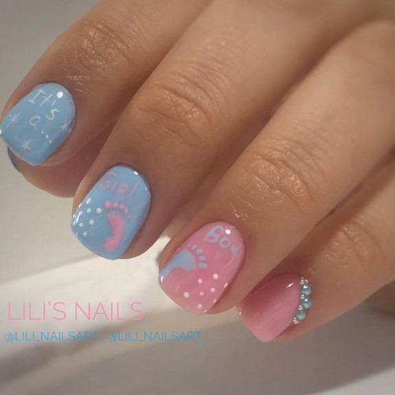 36 Gender Reveal Nail Ideas — Blue and Pink Foot Print Nails