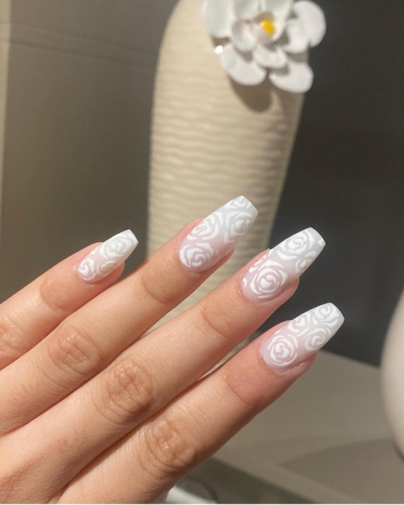 31 White Nails With Design — Rose Sheer Tapered Square Nails