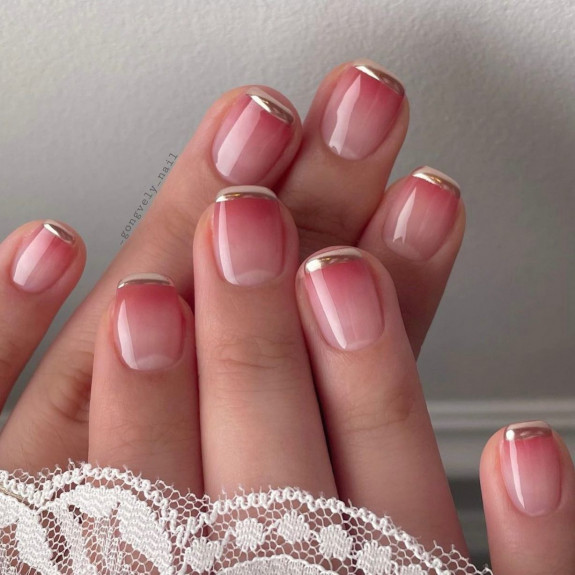 54 Cute French Tip Nail Ideas — Pink Ombre + Gold French Tips