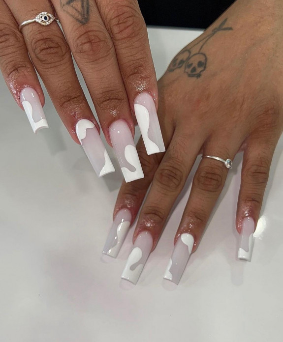 31 White Nails With Design — Abstract White Sheer Tapered Square Long Nails