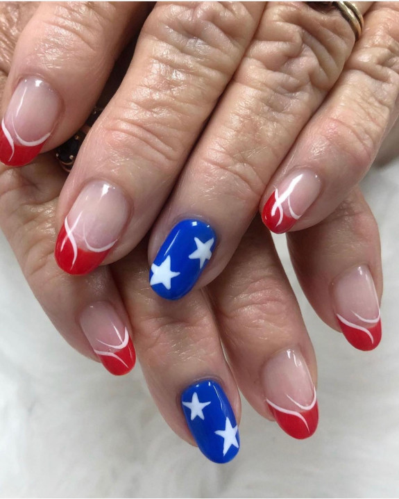 35 Memorial Day Nail Art Designs — Red French Nails + White Star Blue Nails