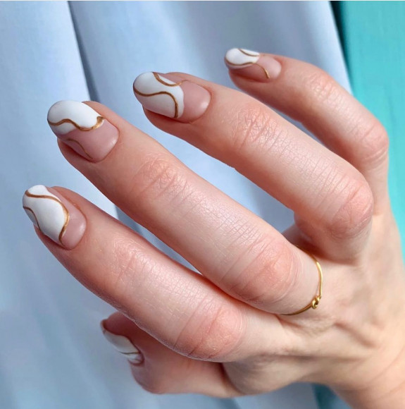 31 White Nails With Design — White Abstract + Gold Swirl Nails