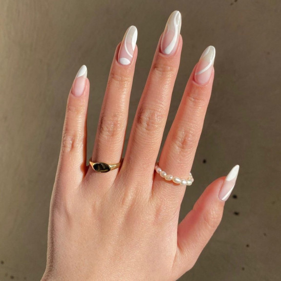 31 White Nails With Design — White Swirl Sheer Almond Nails