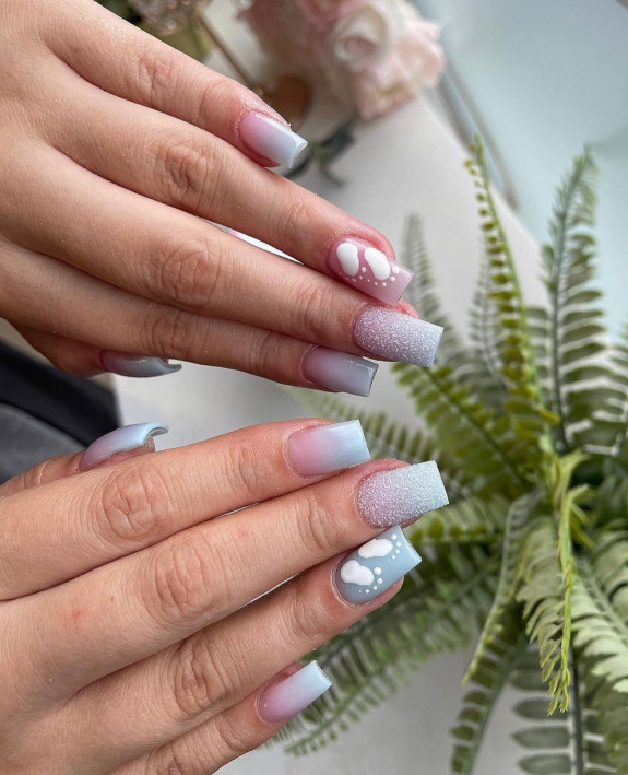 36 Gender Reveal Nail Ideas — Ombre Blue and Pink Square Nails