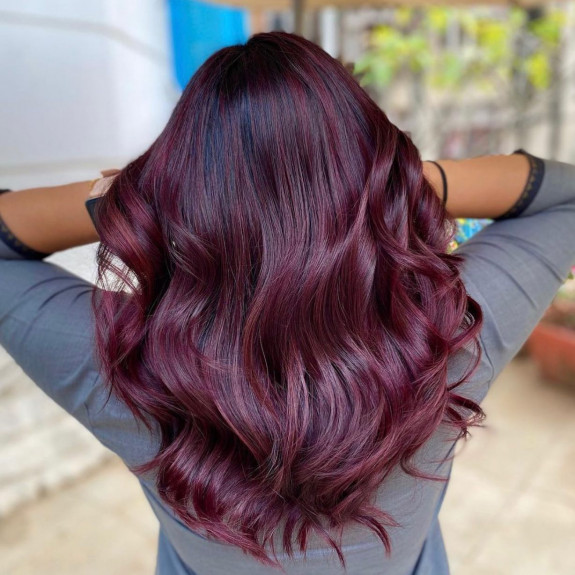 35 Plum Black Hair Color Ideas — Plum Balayage with Waves