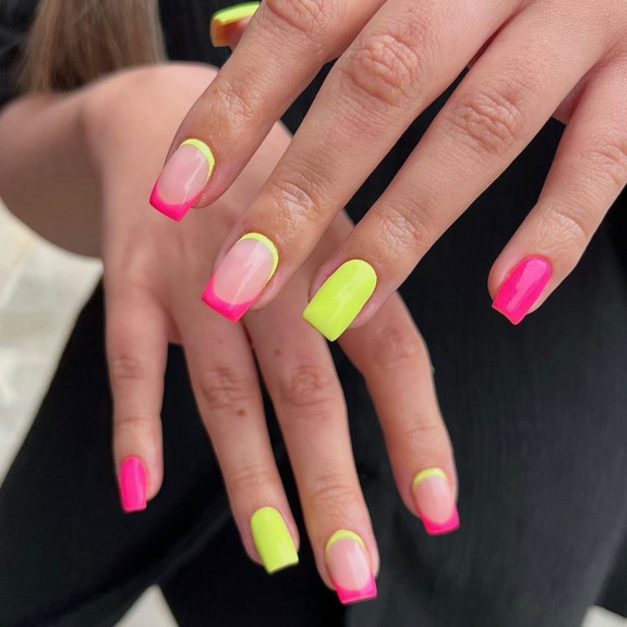 54 Cute French Tip Nail Ideas — Hot Pink and Neon Yellow French