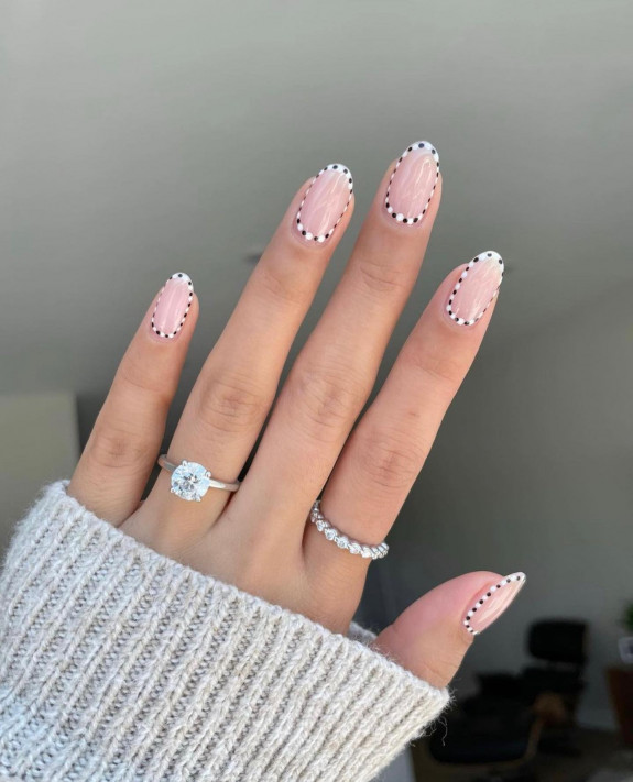 31 White Nails With Design — Black and White Dot Outline Sheer Nails