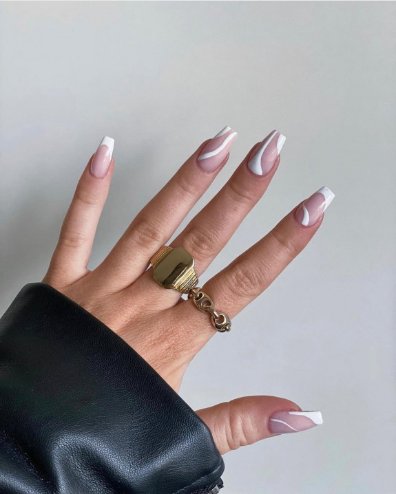 31 White Nails With Design — Acrylic White Swirl Coffin Nails