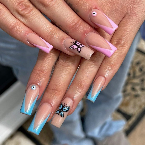 36 Gender Reveal Nail Ideas — Blue and Pink V French + Butterfly Nails