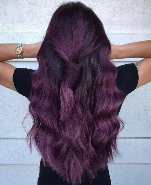 35 Plum Black Hair Color Ideas — Plum Ribbon Long Hair