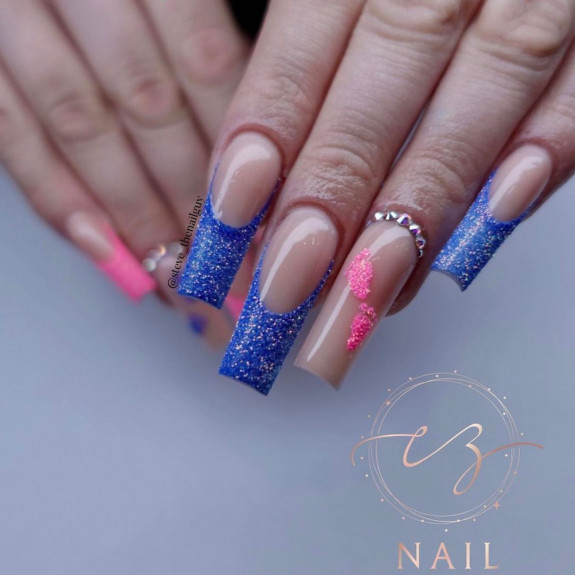 36 Gender Reveal Nail Ideas — Glittery Pink and Blue French Tip Acrylic Nails