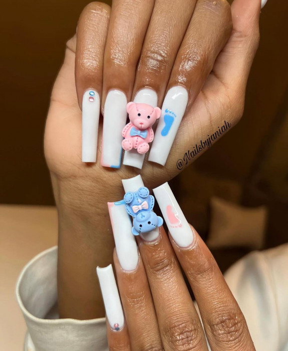 36 Gender Reveal Nail Ideas — Blue and Pink Foot Print + Teddy Nails