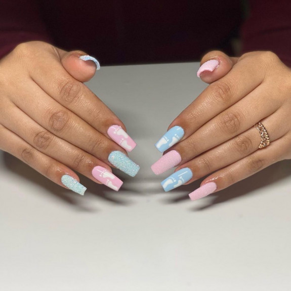 36 Gender Reveal Nail Ideas — Soft Blue And Pink Coffin Nails