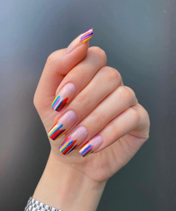 38 Pride Nail Ideas —Rainbow Strip French Tip Nails