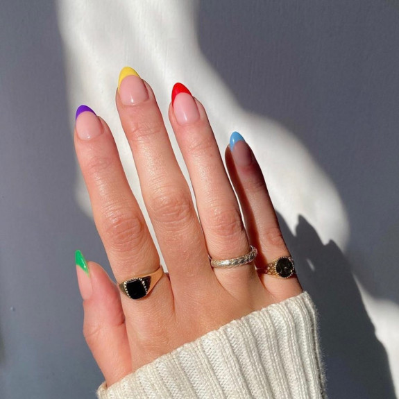 cute french tip nail ideas, french nail designs 2022, cute french tip nail ideas, rainbow nails, french tip nails, red tip nails, skittle french tip nails, french tip nail designs for short nails, french tip acrylic nails, white french tip nails, modern french manicure, colored french tip nails