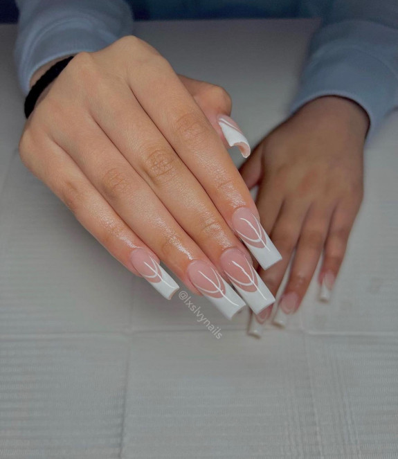 31 White Nails With Design — Acrylic French Tip Square Nails