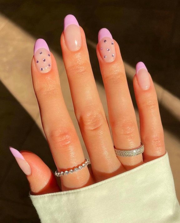 54 Cute French Tip Nail Ideas — Soft Pink French Tip Nails + Rhinestones