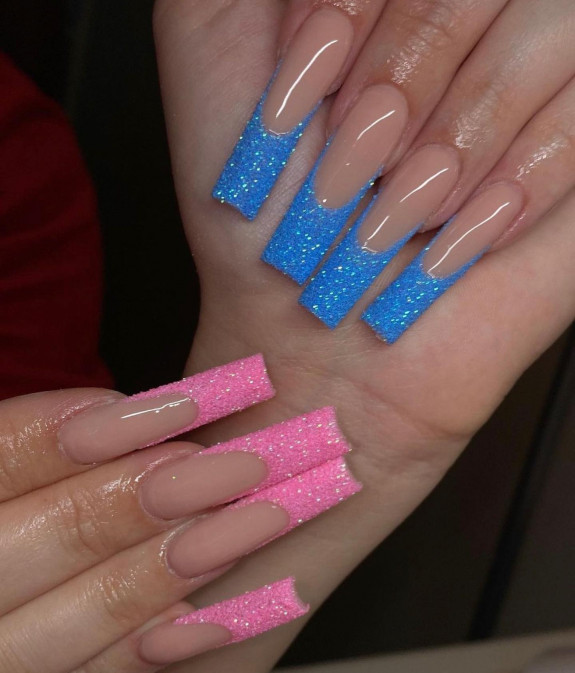 36 Gender Reveal Nail Ideas — Textured Blue And Pink French Tip Nails